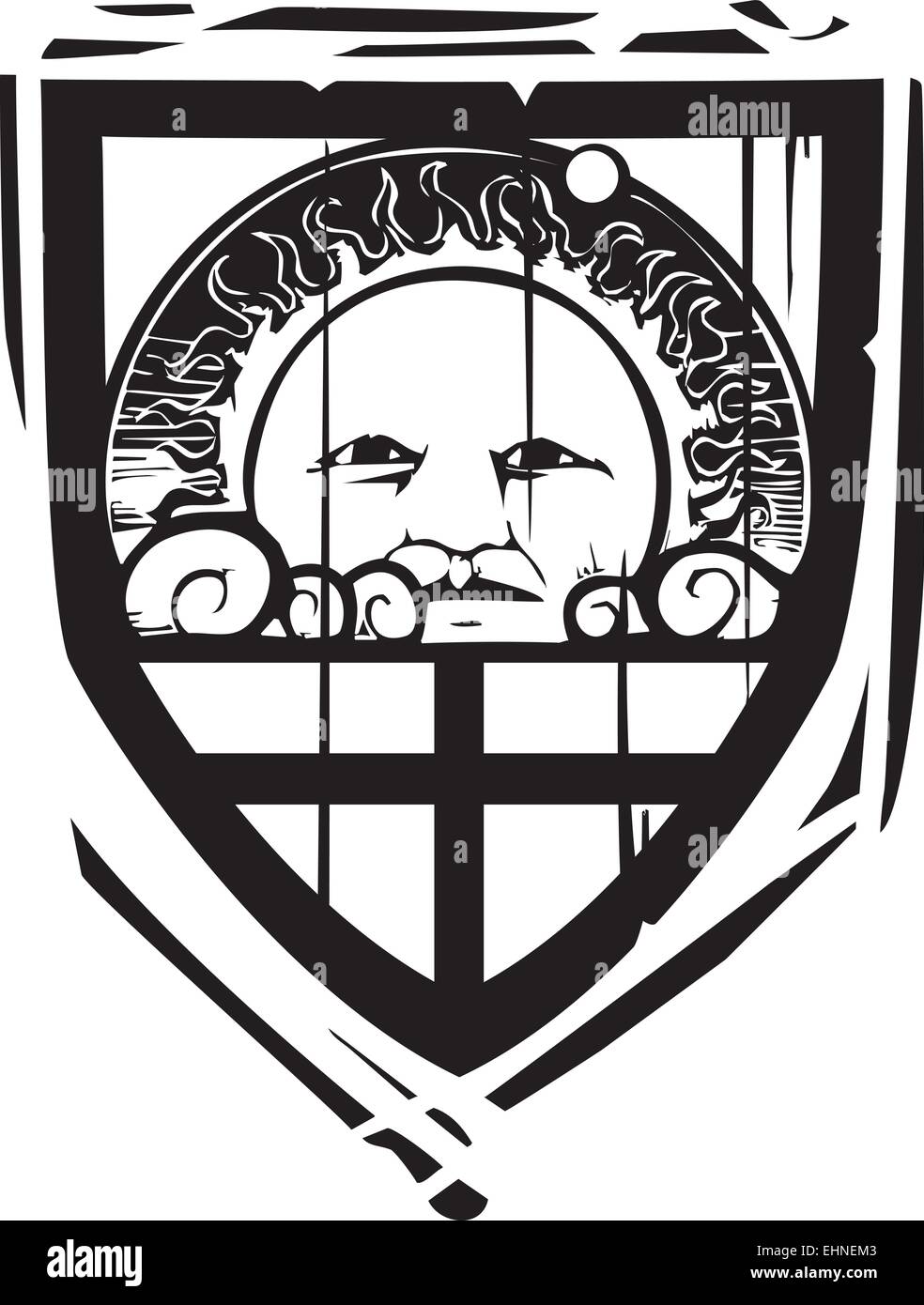 Woodcut style Heraldic Shield with a Sun Face Stock Vector