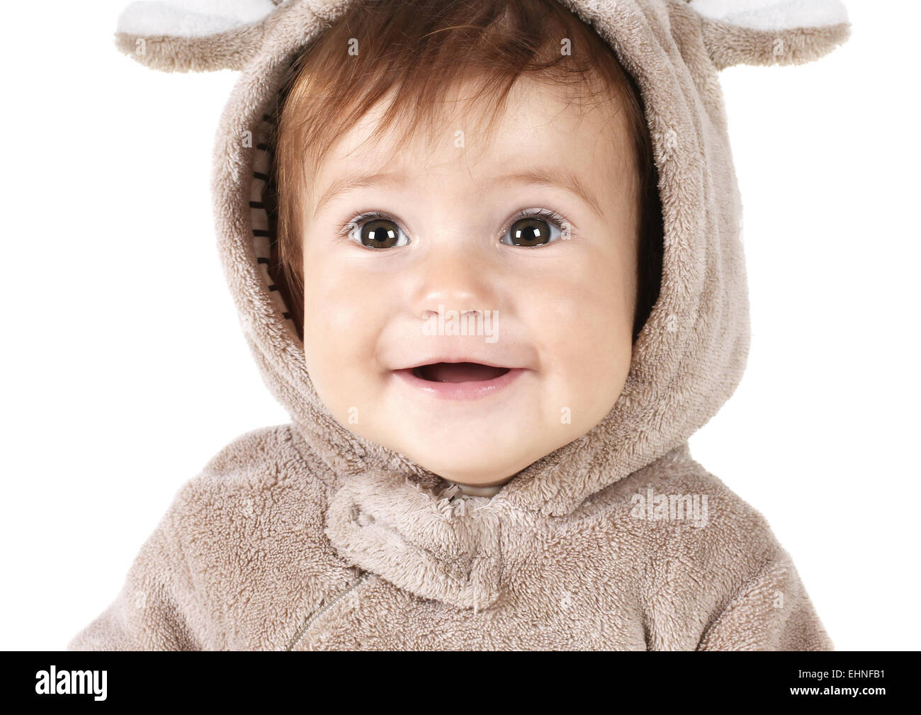 closeup portrait of funny smiling baby on white Stock Photo