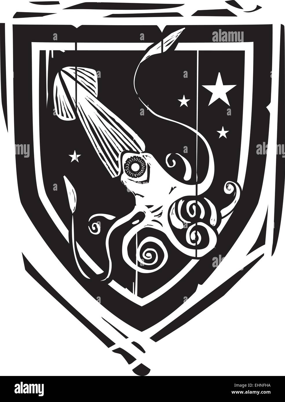 Woodcut style Heraldic Shield with a Squid or kraken Stock Vector