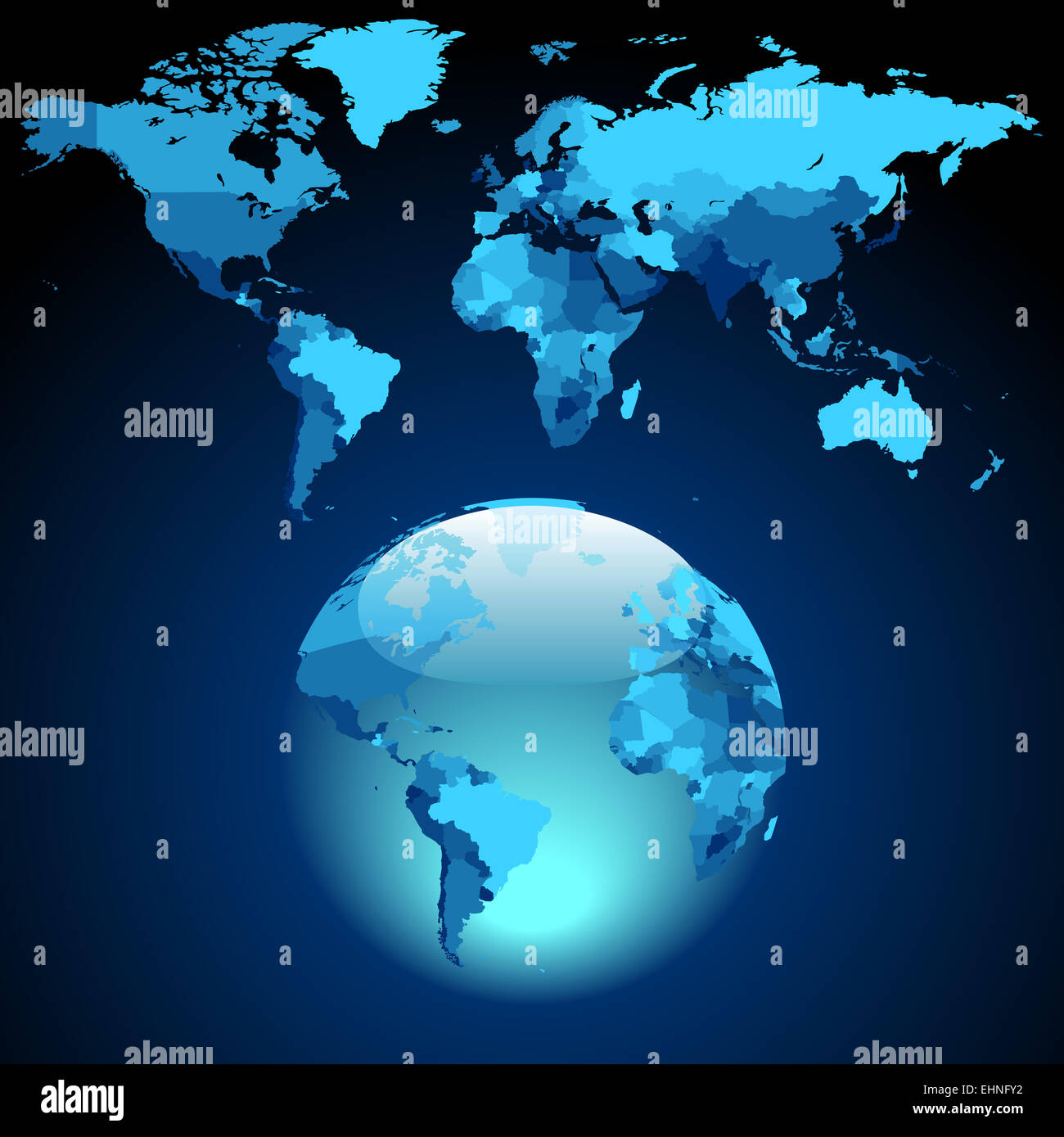 Globe on dark blue World map Stock Photo