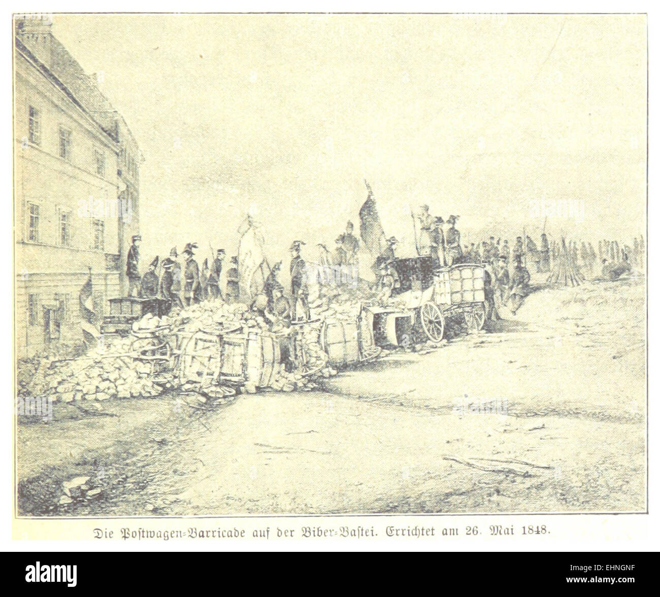 BACH(1898) p203 Die Postwagen-Barricade auf der Biber-Bastei. Errichtet am 26. Mai 1848 Stock Photo