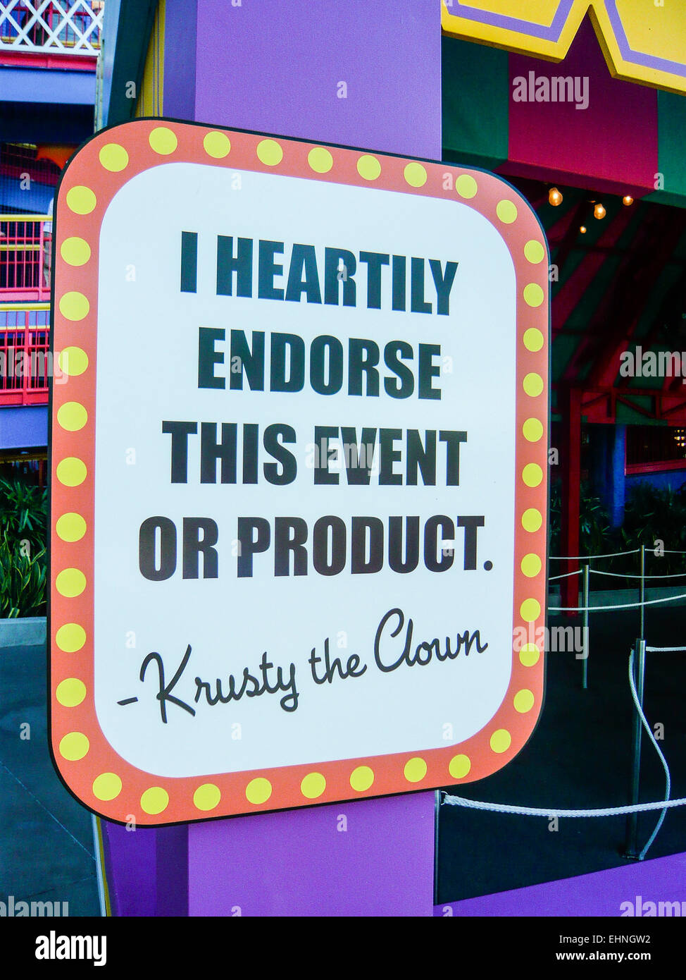 Sign 'I heartily endorse this event or product' by Krusty the Clown from The Simpsons Stock Photo