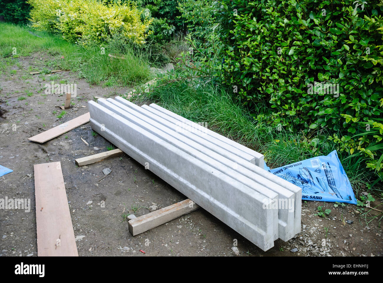 Pre-stressed concrete lintels and window cills ready for fitting during a building project Stock Photo