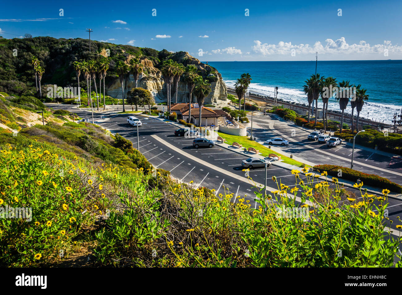 Colorful flowers and view of San Clemente State Beach from Calafia Park, in San Clemente, California. Stock Photo