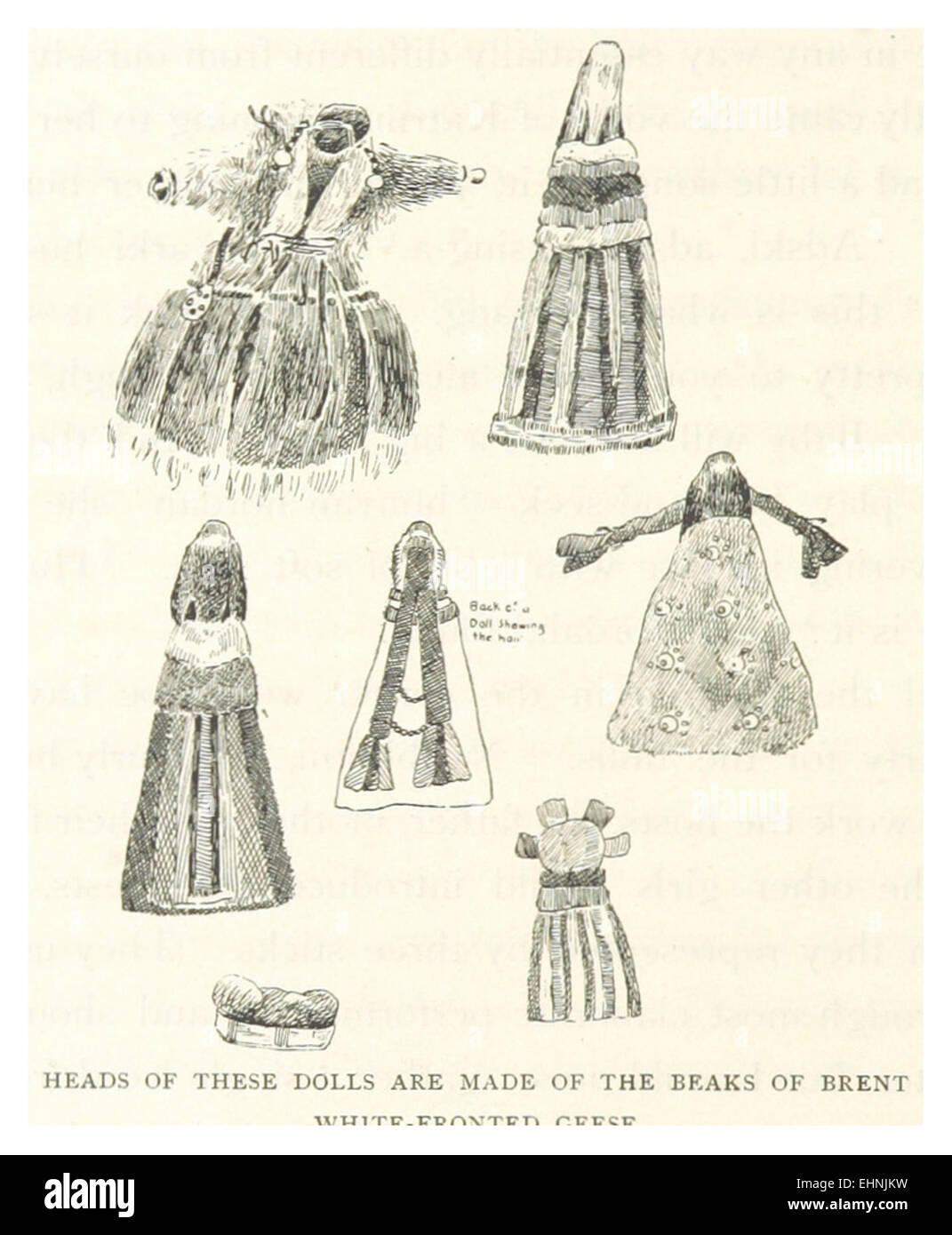 This 1895 illustration depicts traditional Samoyed dolls, originating from the Samoyedic peoples of Siberia. These handcrafted dolls were commonly used for ceremonial purposes and represent the cultural heritage of the Samoyed people. Stock Photo
