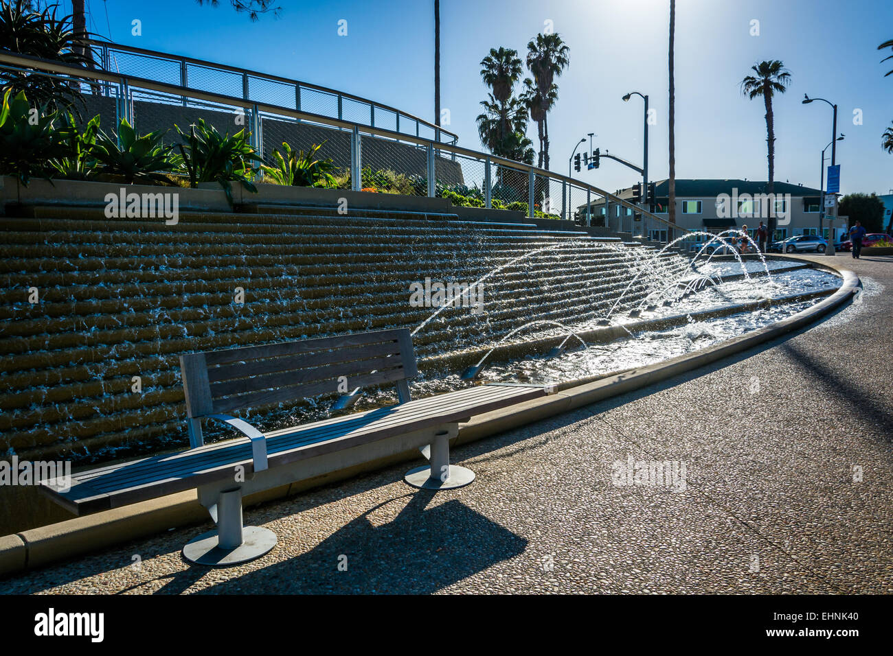 Fountains and bench at Tongva Park, in Santa Monica, California Stock