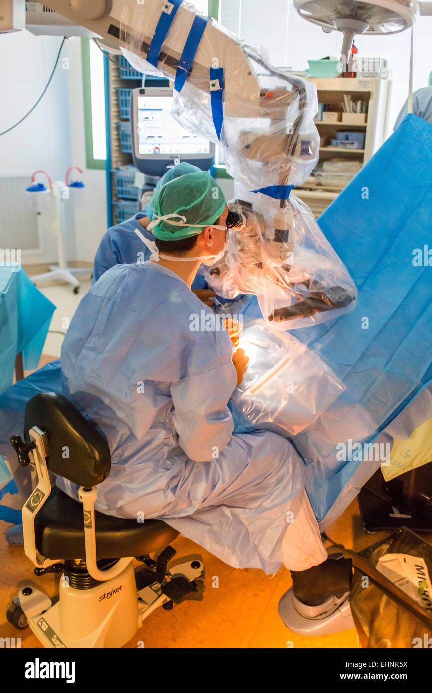 Cataract surgery, installation of the intraocular implant, Bordeaux hospital, France. Stock Photo