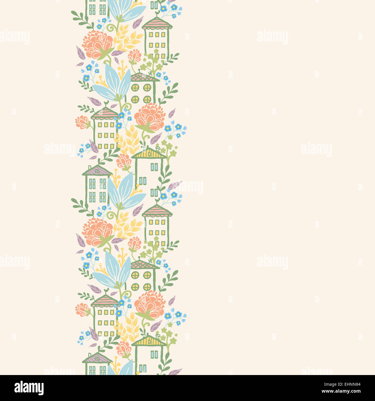 Houses among flowers vertical seamless pattern background border Stock ...