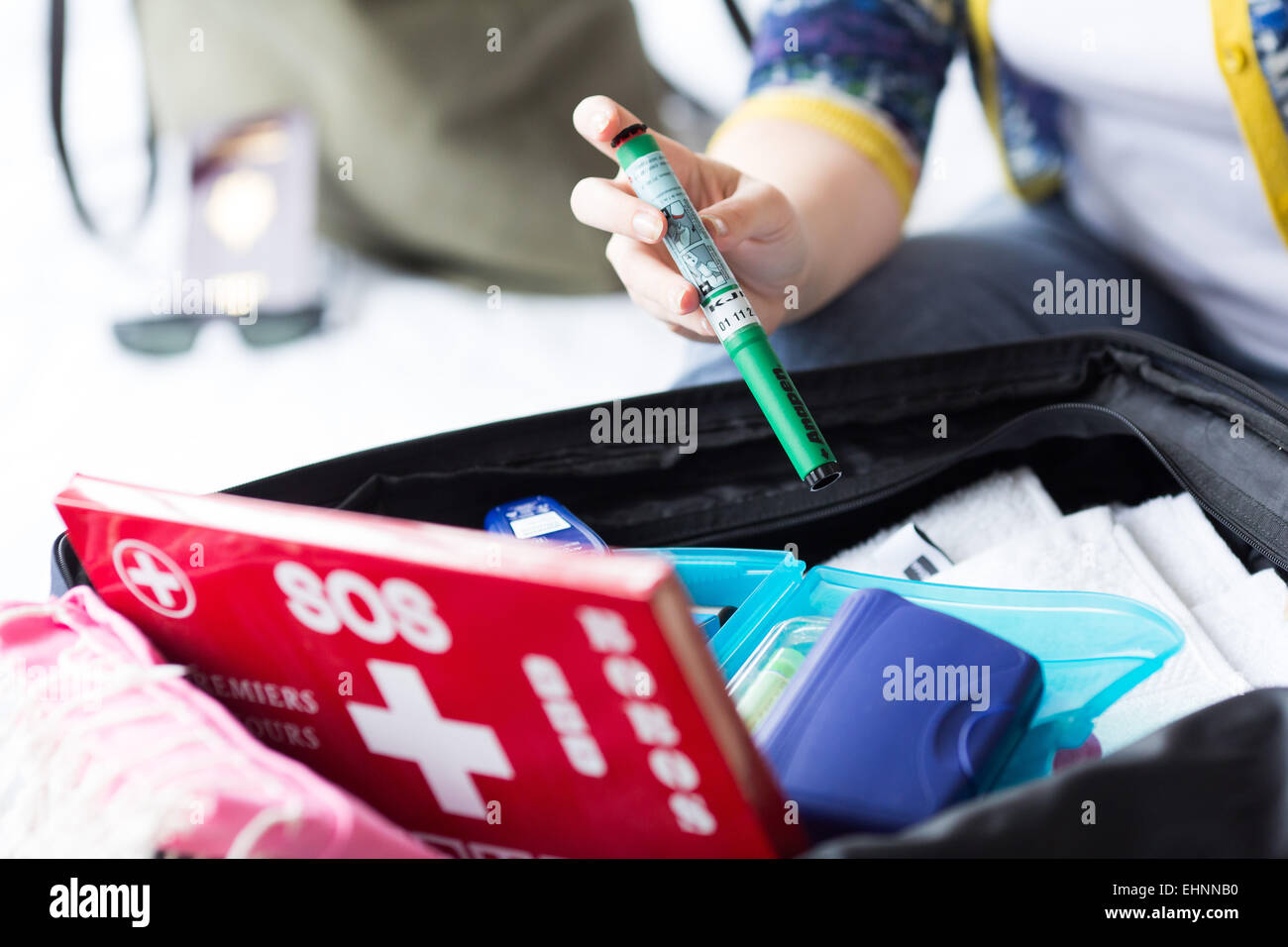 Anapen ®, epinephrine autoinjector, an emergency treatment in case of anaphylactic or anaphylactoid shock (allergies to drugs, food or insects bites). Stock Photo