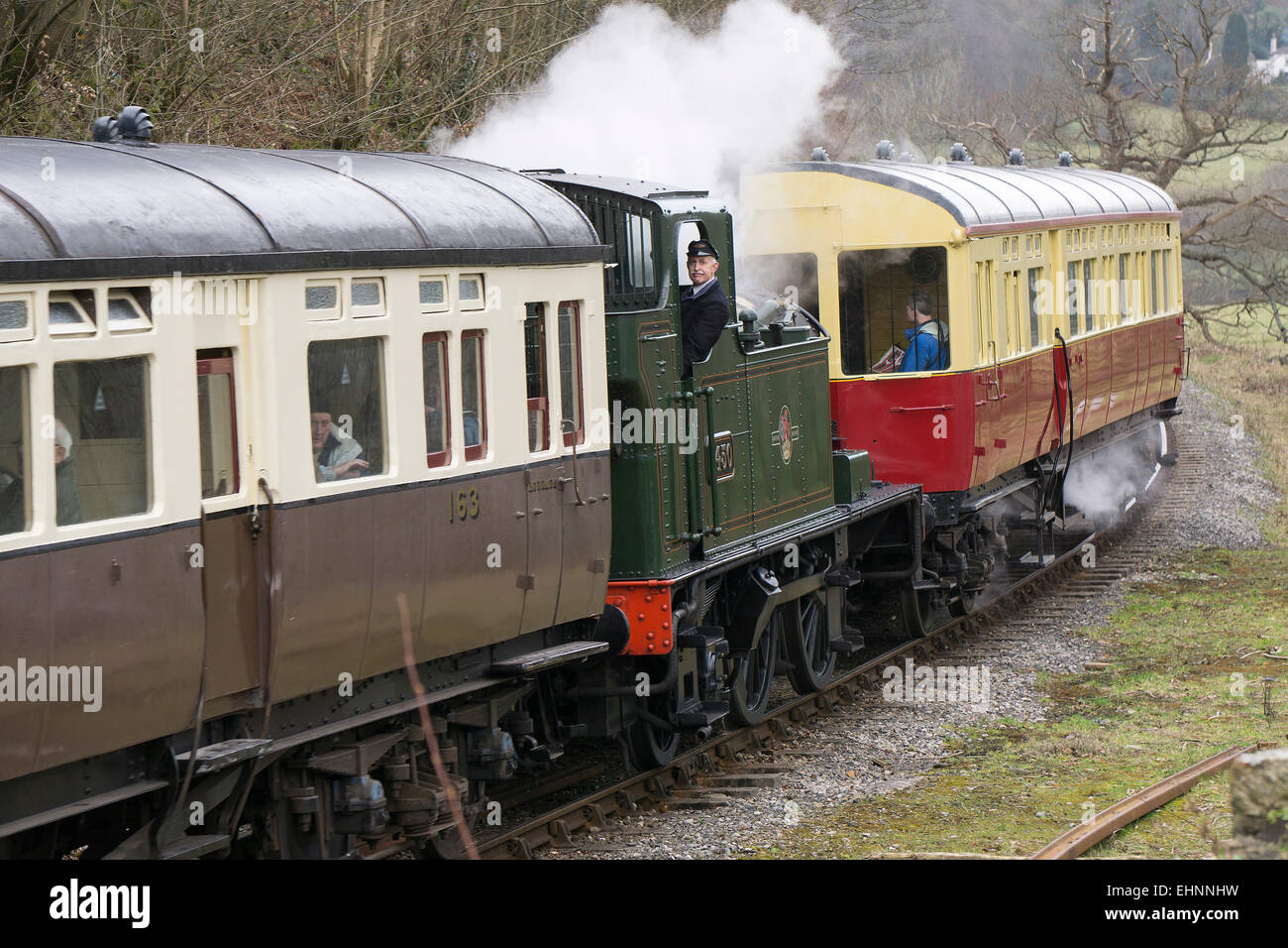 auto train approaches carrog with a return to llangollen on a heritage railway Stock Photo