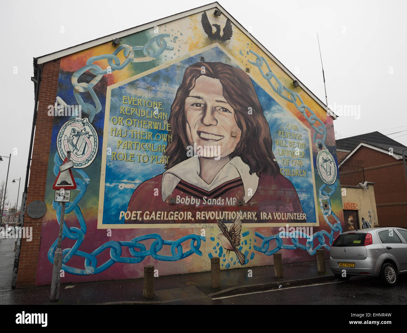 Bobby Sands Mural on Sevastopol Street, Falls Road, Belfast, County Antrim, United Kingdom. Stock Photo