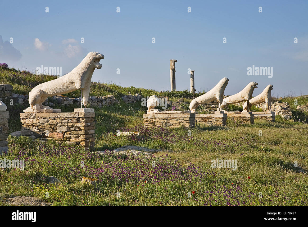 The Terrace of the Lions is one of the most dramatic ruins on the Greek Island of Delos, where the gods Apollo and Artemis are. Stock Photo