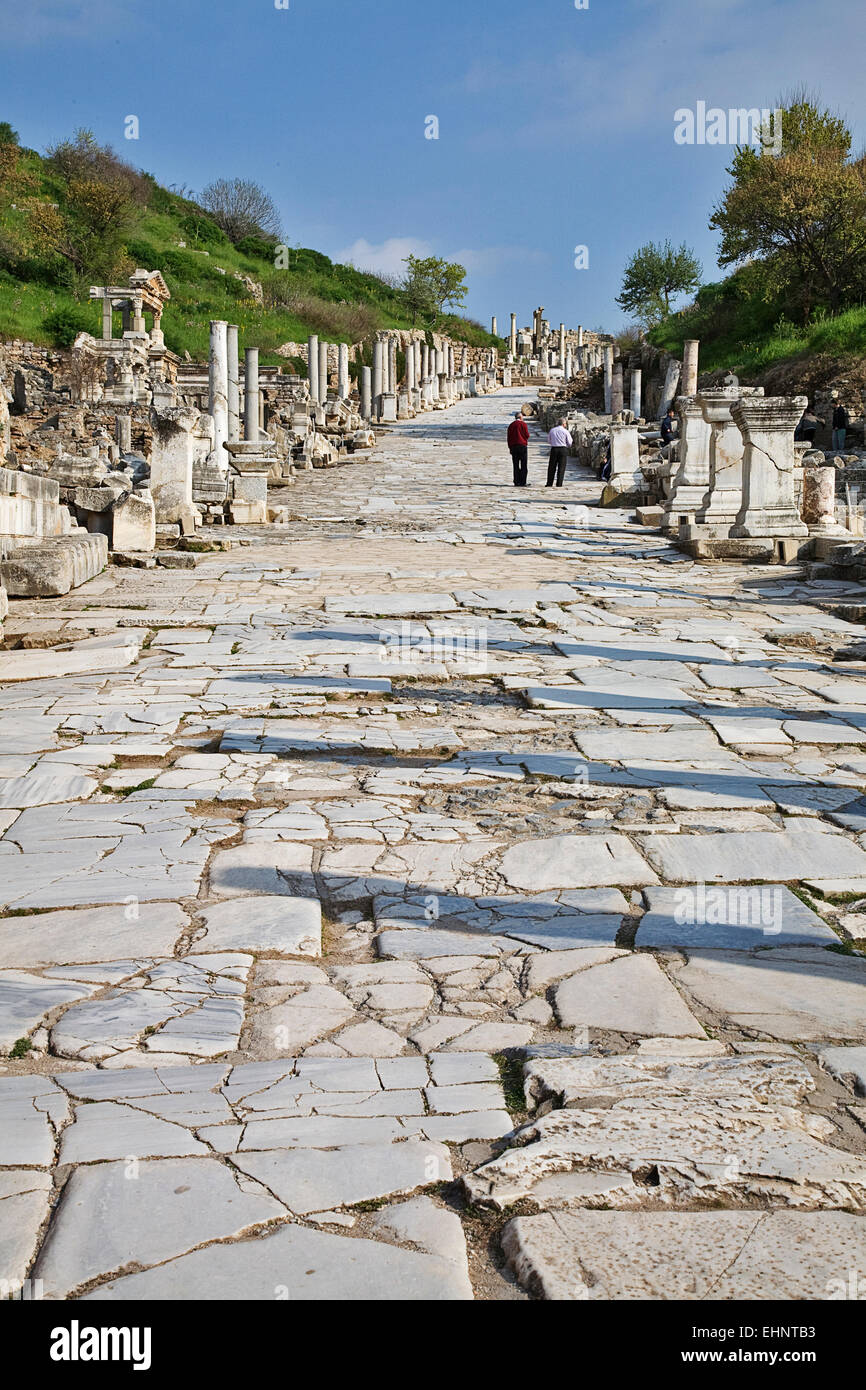 The ruins of Ephesus, an important Greek settlement in ancient times, still convey feeling of power and grandeur. Stock Photo