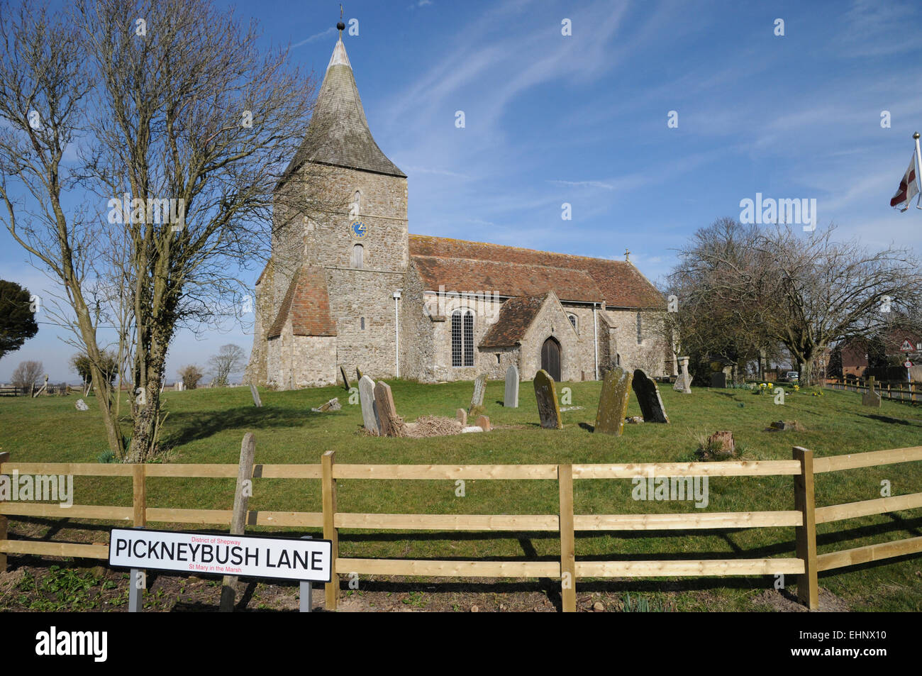 The church of St Mary the Virgin, at St Mary in the Marsh, Romney Marsh Kent. Stock Photo