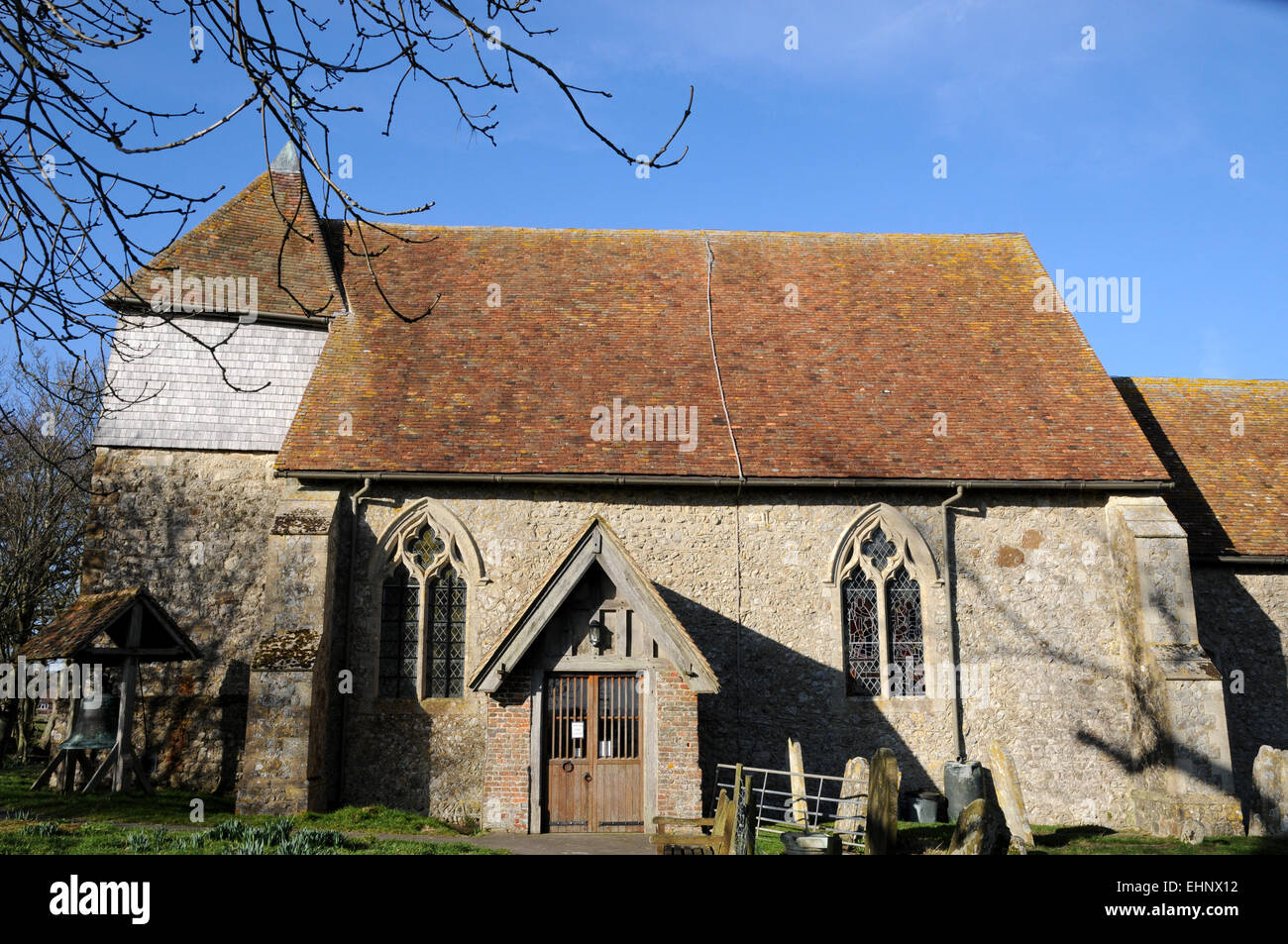 The church of St Peter and St Paul, Bilsington, Kent. It is located on raised ground, just off of the Romney Marsh. Stock Photo