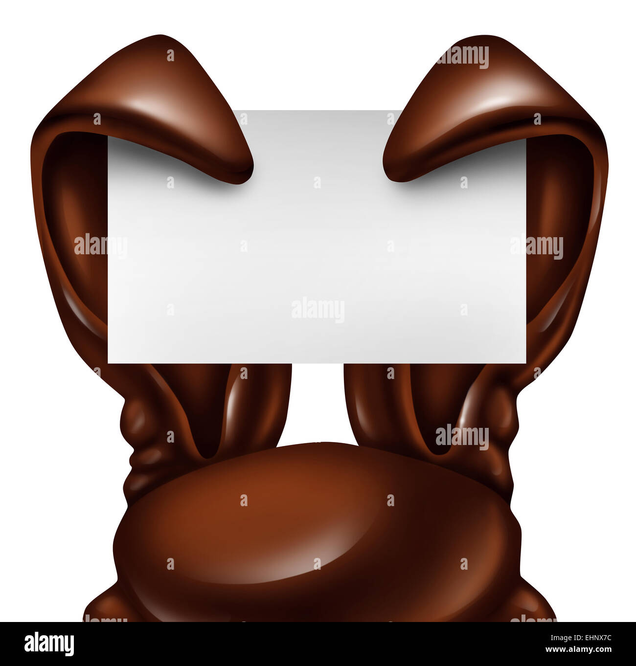 Easter chocolate rabbit sign as sweet confectionary ears holding a blank banner card as a fun spring symbol of holiday celebration as an advertising message on a white background. Stock Photo