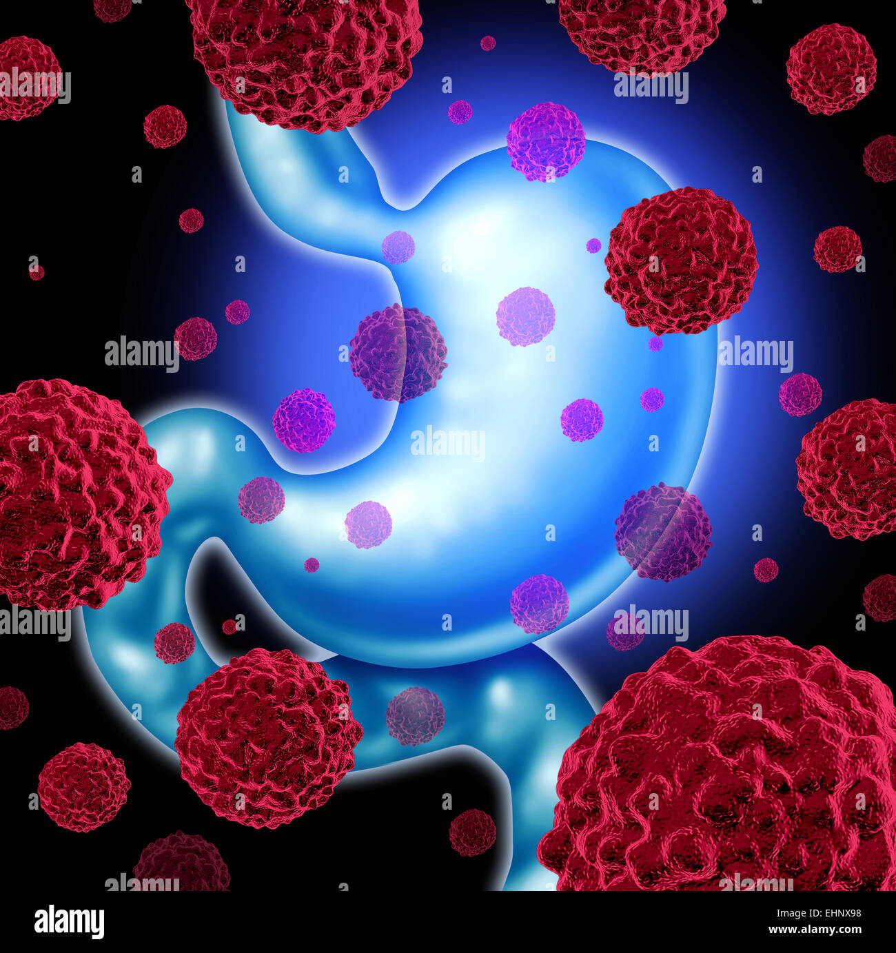 Stomach cancer concept and digestive health care disease symbol featuring the abdominal internal organ with cancerous cells spreading in the human body. Stock Photo