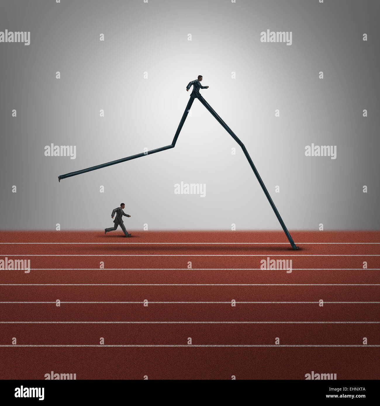 Business skills advantage concept and competitive dominance symbol as two running businessmen with oneperson with very long legs winning the race as a success metaphor for career superiority. Stock Photo