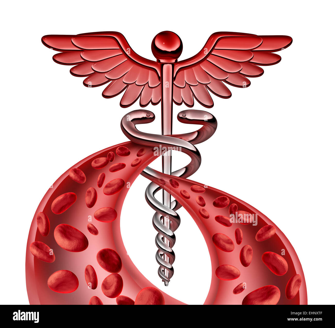 Medical blood symbol concept as a caduceus icon with veins or human srteries carrying blood cells in forced perspective as a metaphor for health care support. Stock Photo