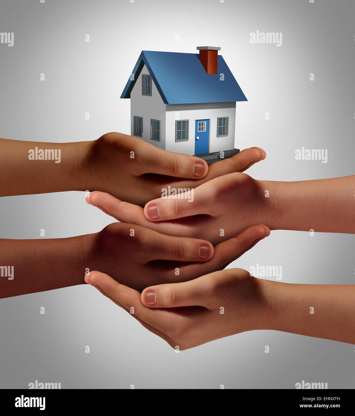 Community housing concept and neighbor support or neighborhood watch symbol as a connected group of diverse hands supporting and holding a family home as a metaphor for friendly residents. Stock Photo