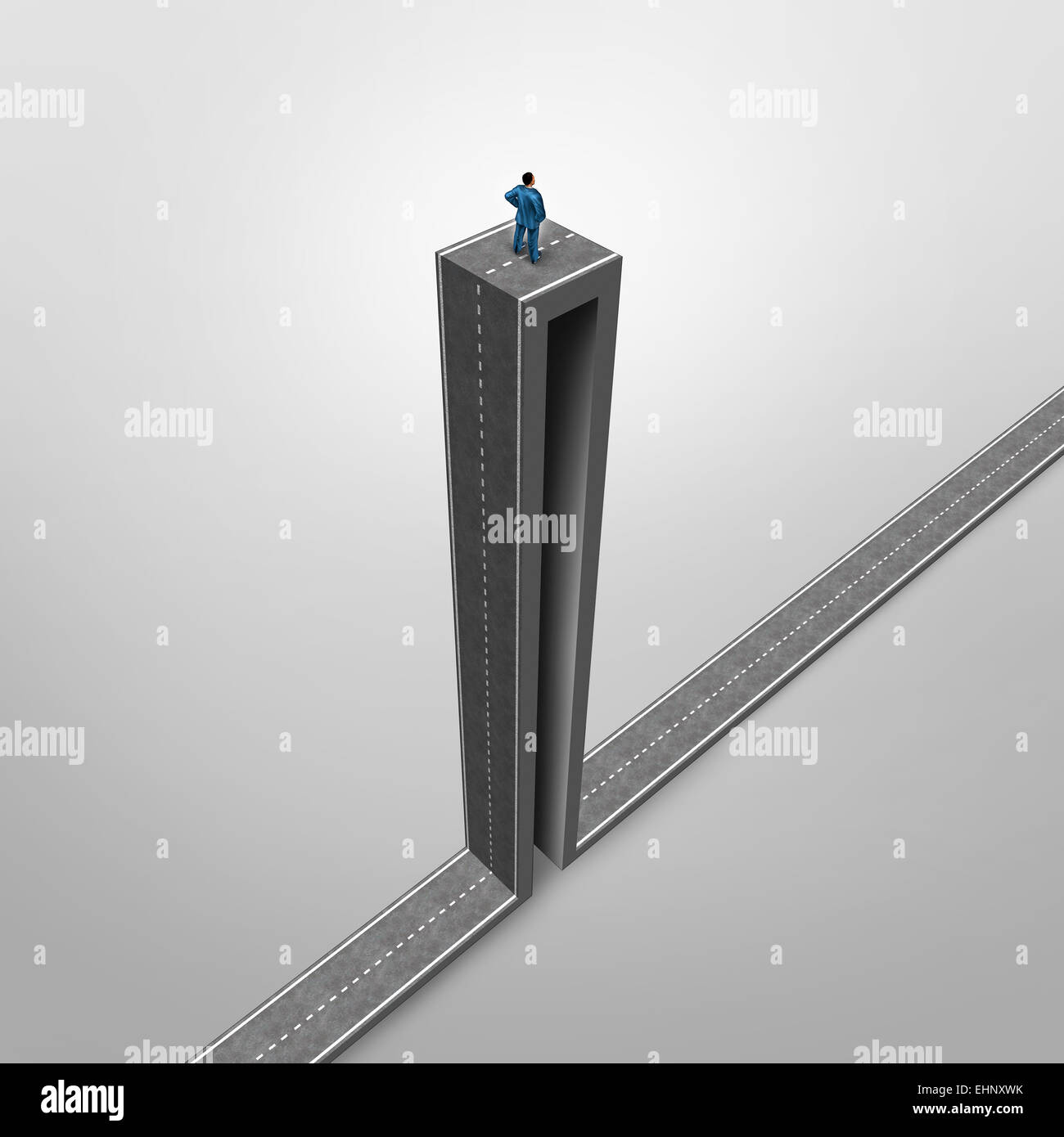 Career opportunity problem business concept as a stranded businessman on a road with an extreme high angle as a symbol for being trapped in a job or life challenges. Stock Photo