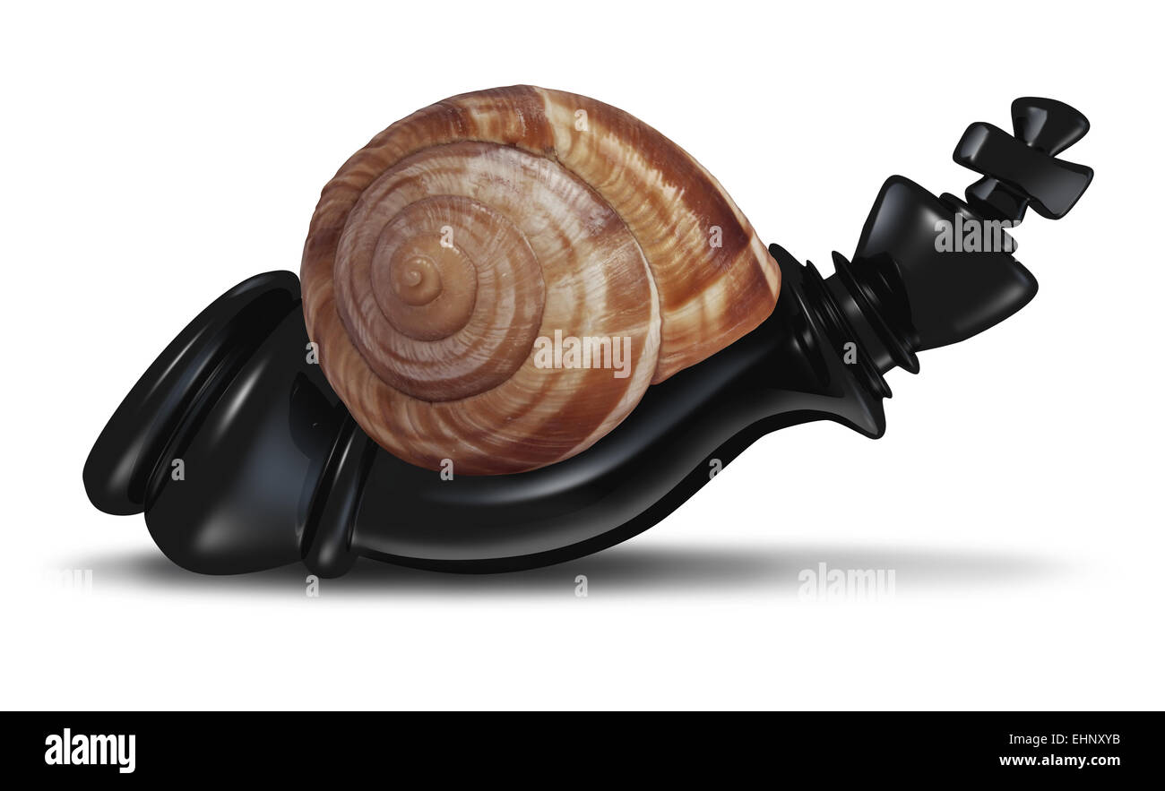 Slow leadership business concept as a chess king piece shaped as a snail representing the metaphor of agility loss and  reacting slowly to economic change and an inability to respond to competition. Stock Photo