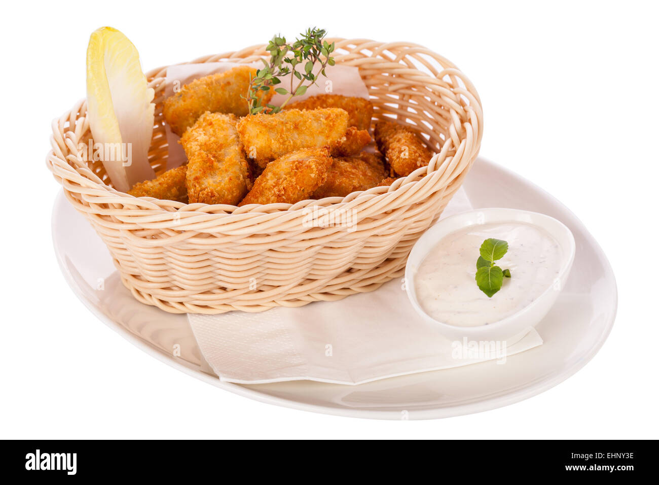 Crisp crunchy golden chicken legs and wings deep fried in bread crumbs