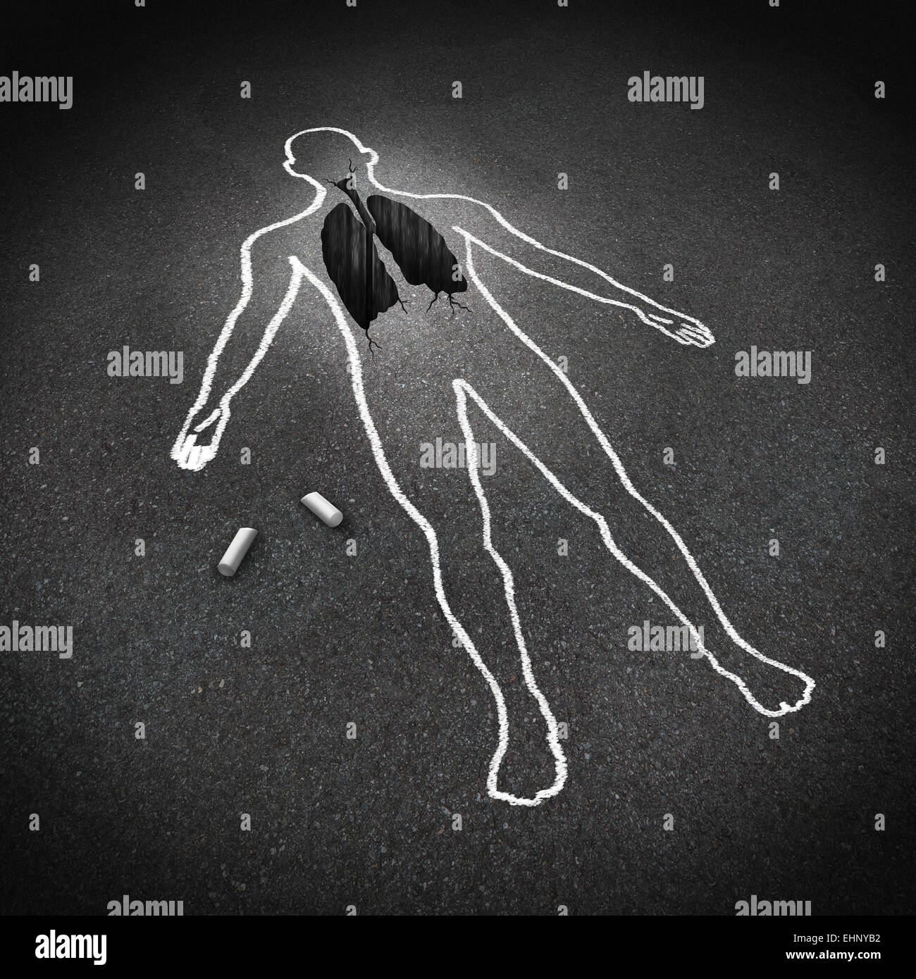 Lung disease medical concept and human anatomy respiratory illness symbol as a chalk drawing of a person with a hole in the asphalt shaped as the breathing organ. Stock Photo