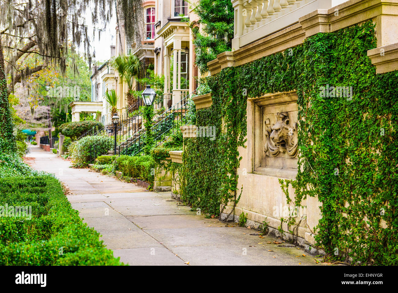 Savannah, USA historic downtown sidewalks and rowhouses Stock