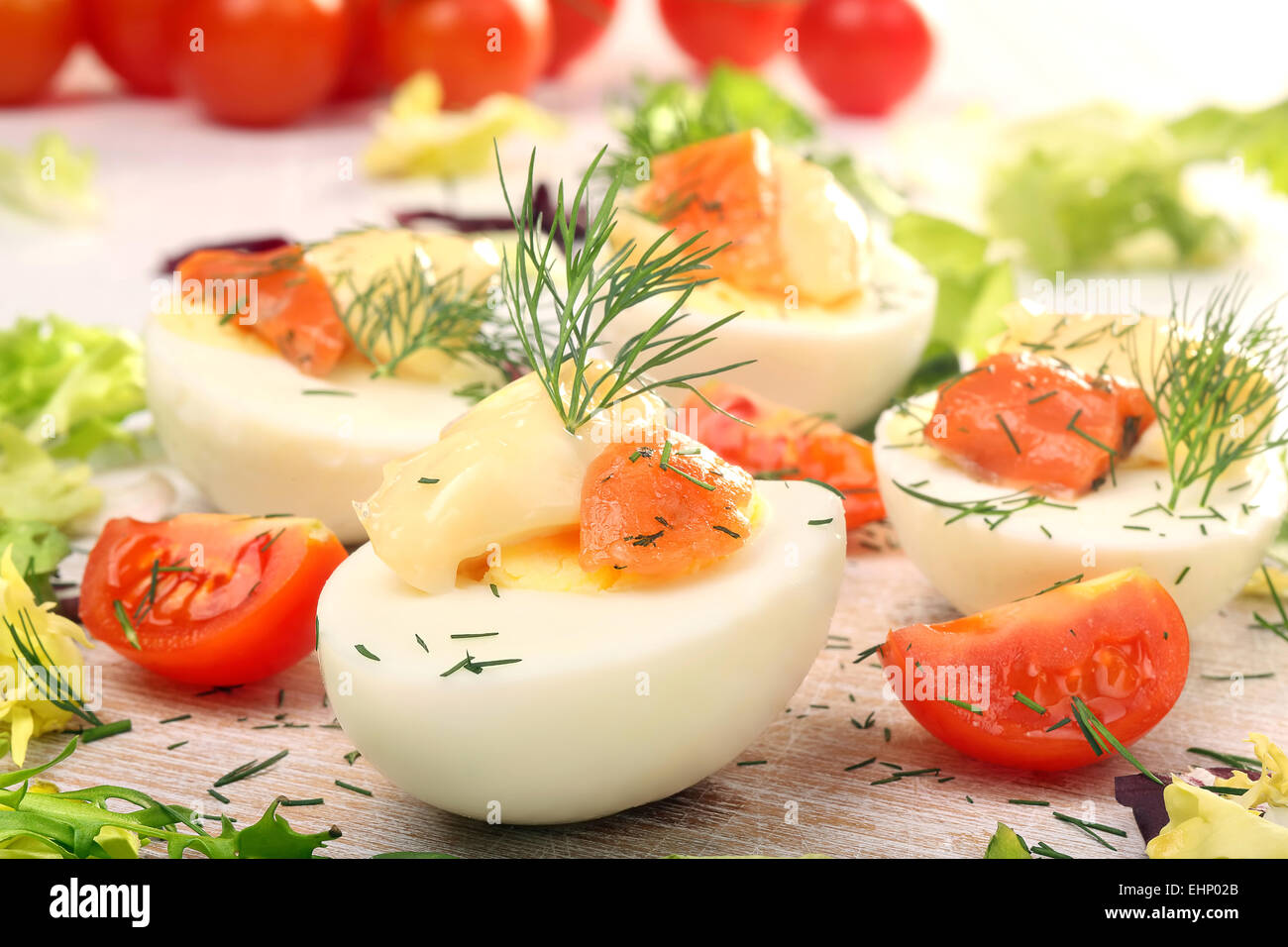 Easter Eggs With Mayonnaise And Salmon Stock Photo Alamy