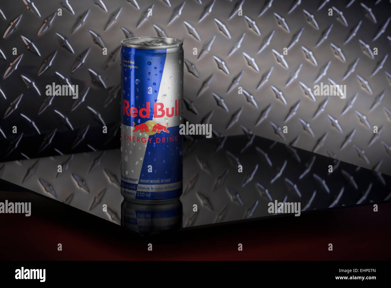 A can of Red Bull energy drink is seen in studio, 2015. (Adrien Veczan) Stock Photo