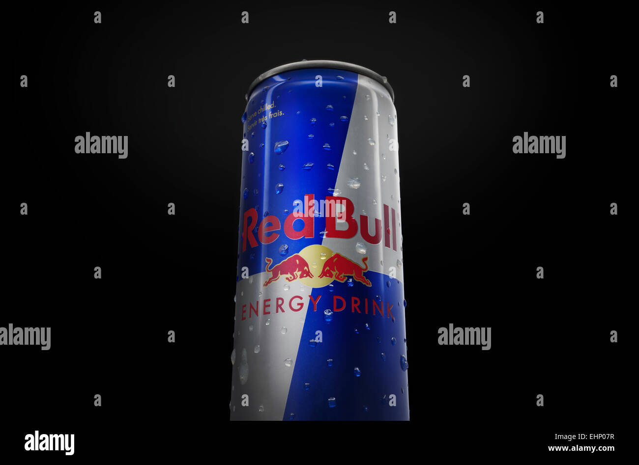 A can of Red Bull energy drink is seen in studio, 2015. (Adrien Veczan) Stock Photo