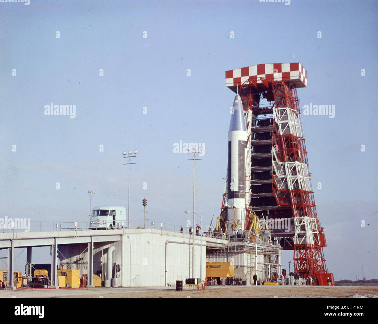 Photograph of the Atlas 12A rocket on its launch pad, with the tower ...