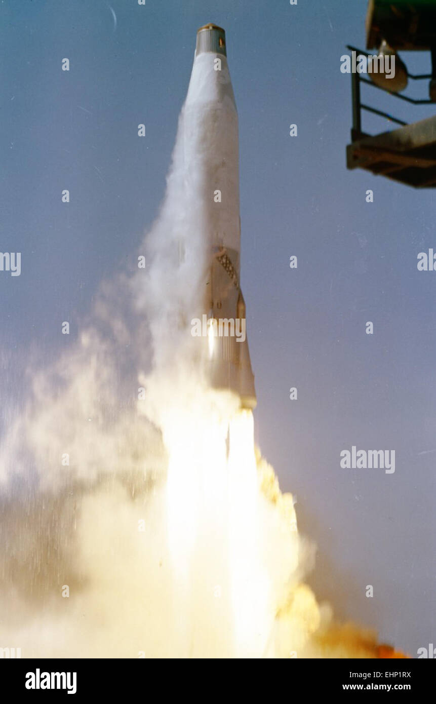 The liftoff of the Atlas 12D missile, captured in a color photograph on ...
