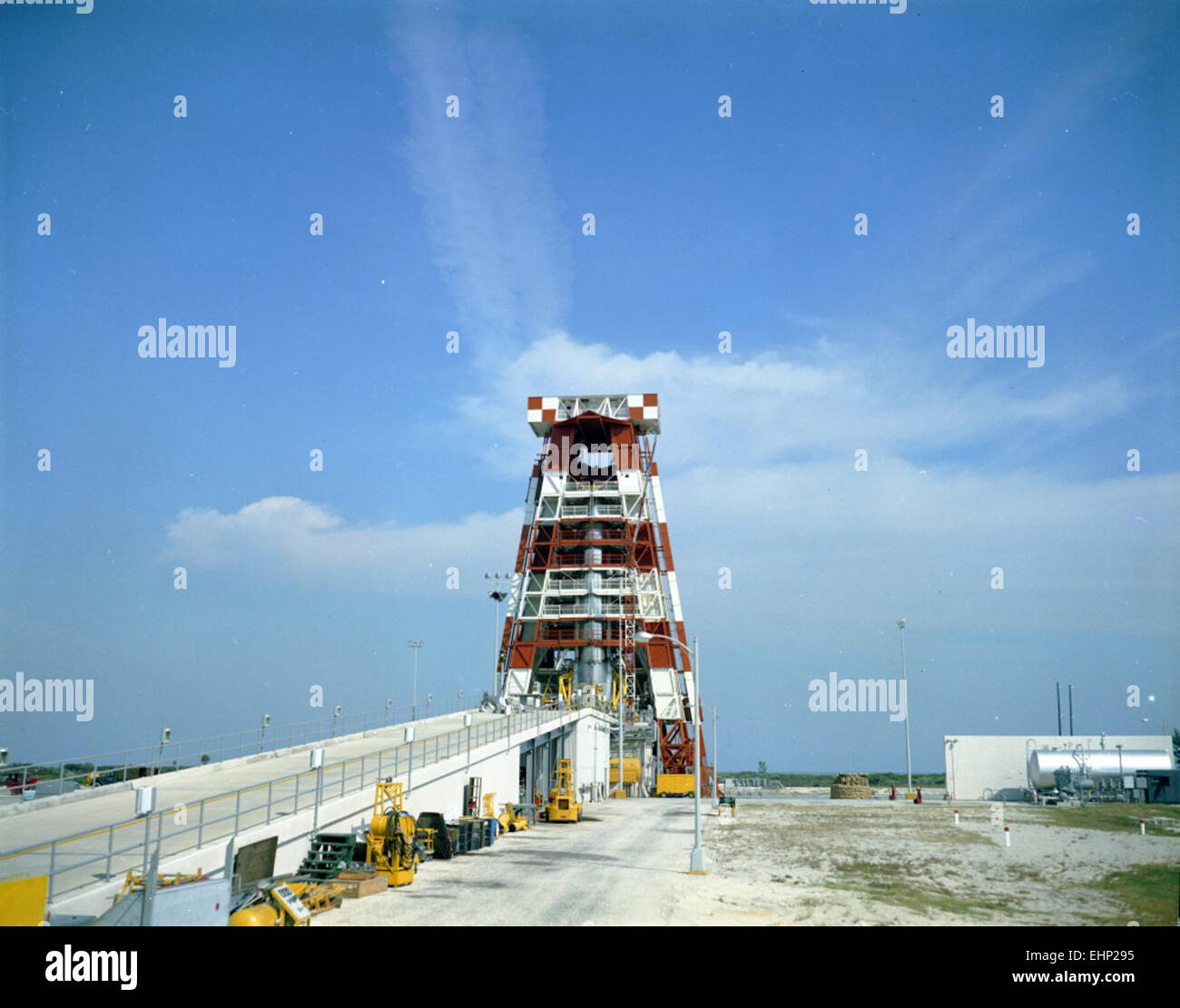A photograph of an Atlas missile on the launch pad, ready for launch ...