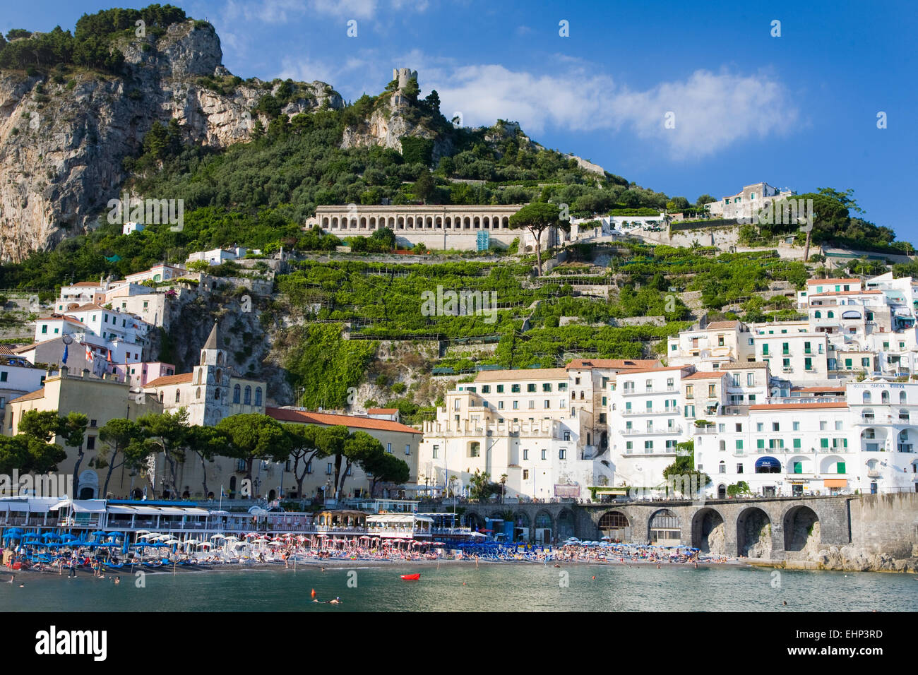 Amalfi and Atrani seen by boat, Campania, Italy Stock Photo