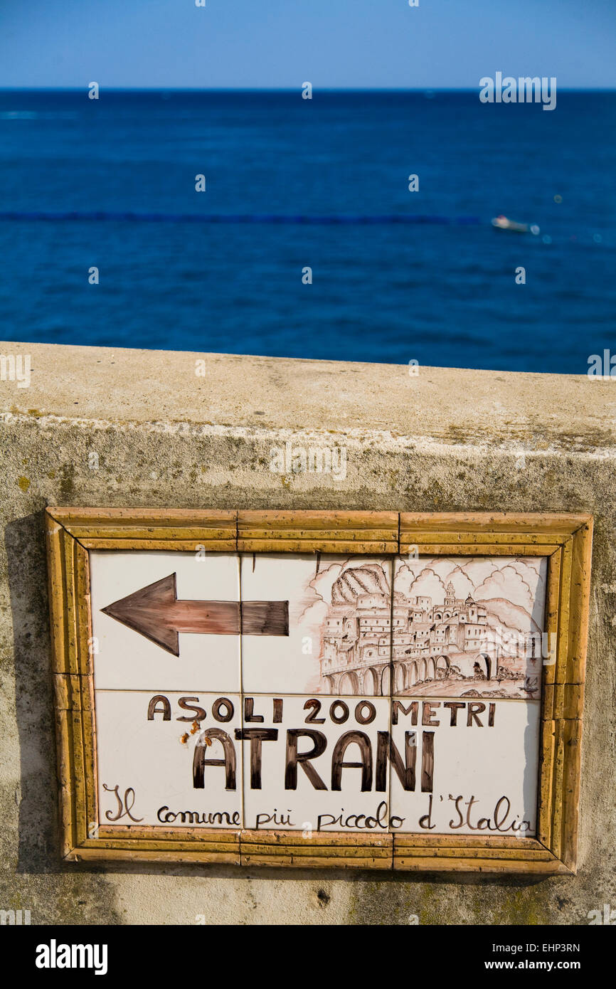 Sign pointing the route to Atrani, Amalfi Coast, Italy Stock Photo