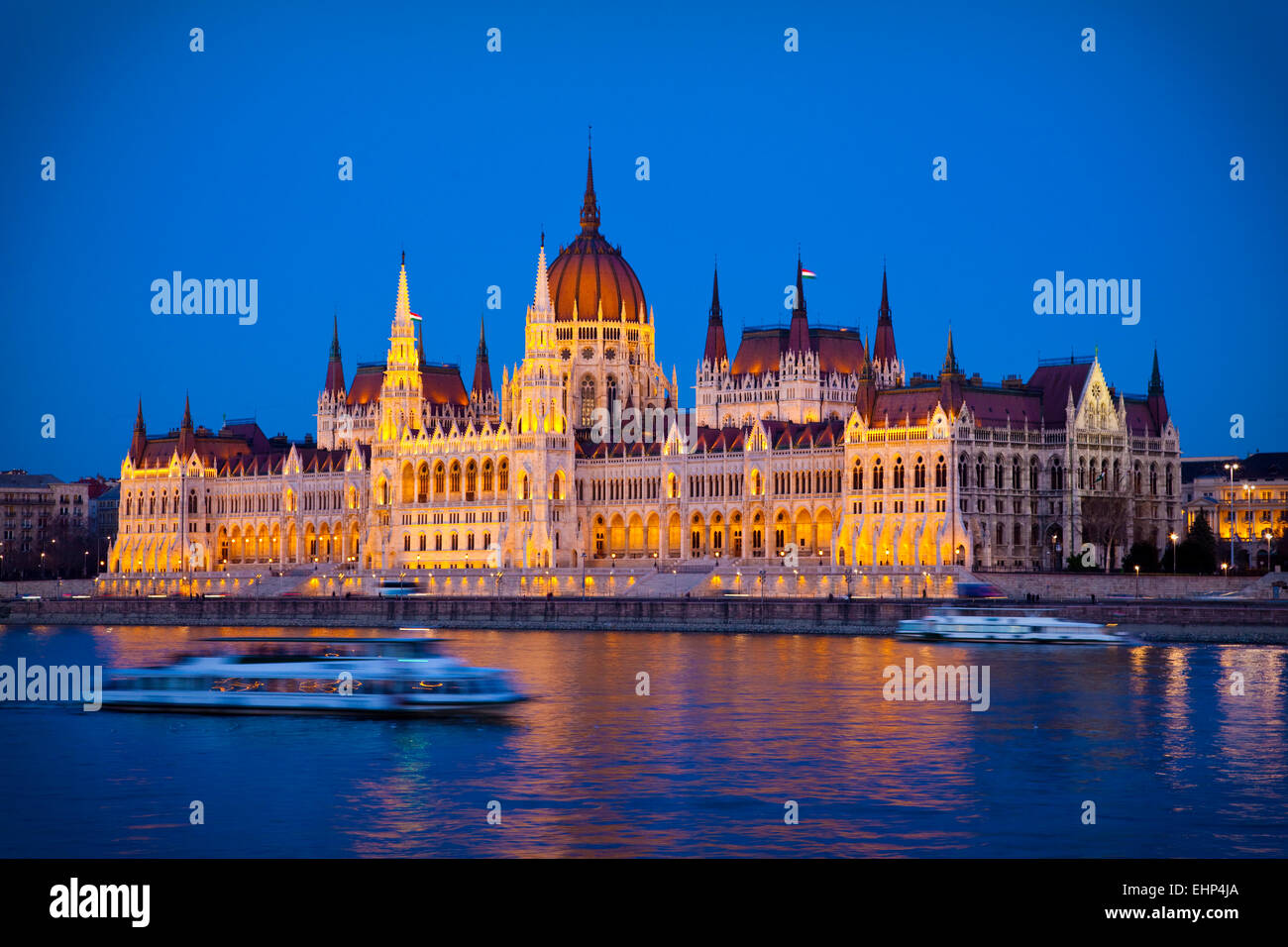 The Parliament Building seen from across the Danube River, Budapest, Hungary Stock Photo