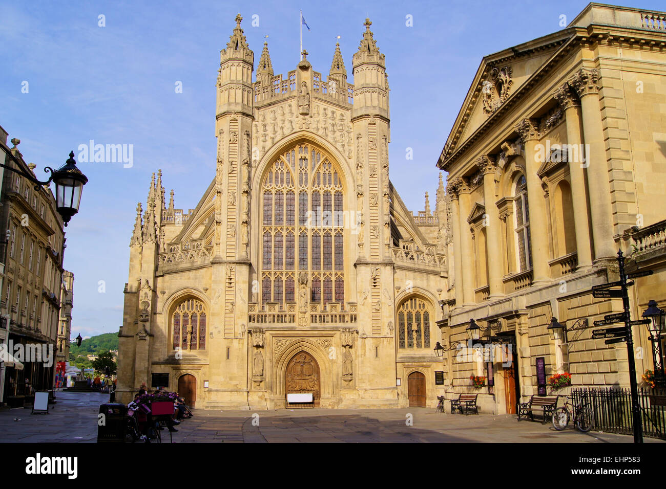 Historic square in Bath, England with the facade of Bath Abbey and the
