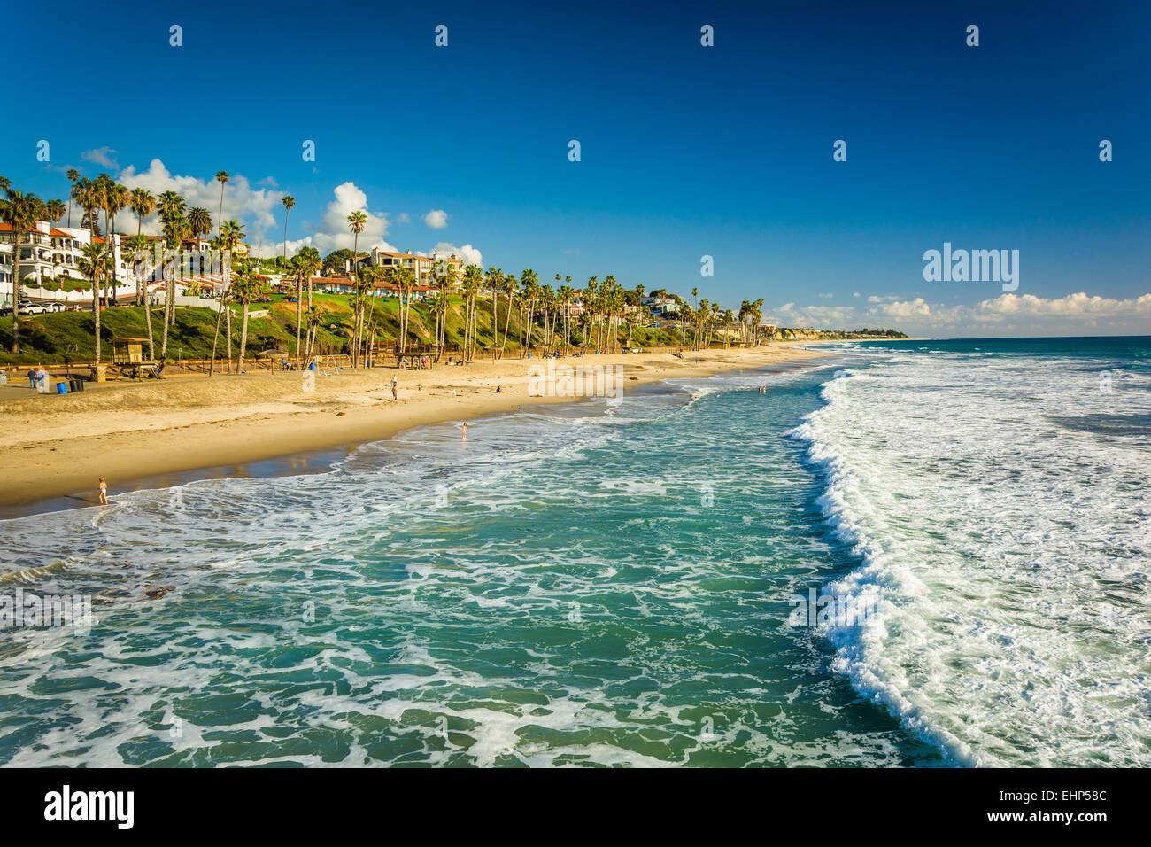 Waves in the Pacific Ocean and view of the beach in San Clemente, California. Stock Photo