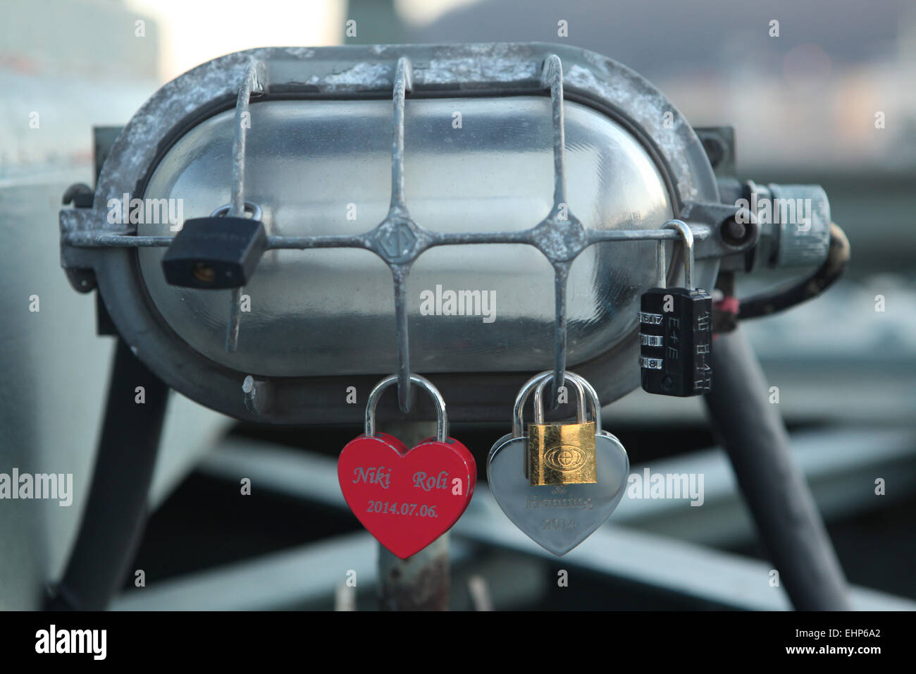 Love locks at the Szechenyi Chain Bridge in Budapest, Hungary Stock