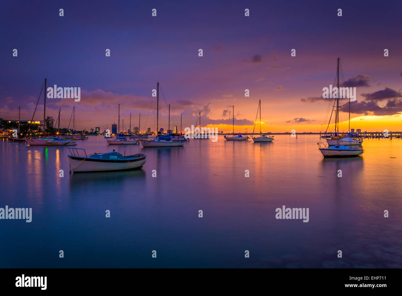 Boats in Biscayne Bay at sunset, seen from Miami Beach, Florida. Stock Photo