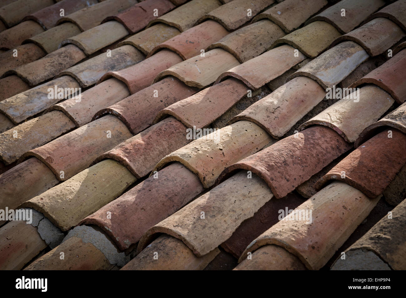 Closeup of curved terracotta roof tiles, Andalucia, Spain Stock Photo