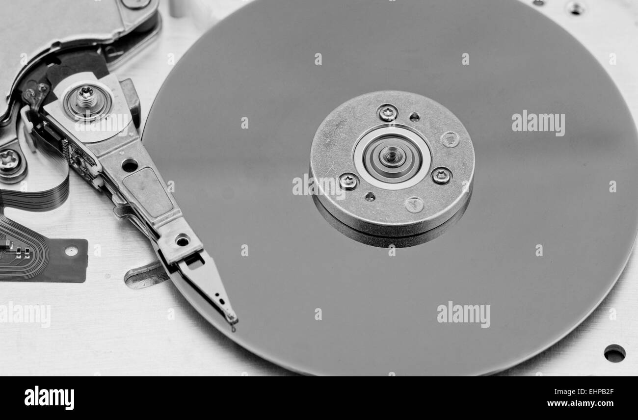 Open computer hard drive on white background Stock Photo