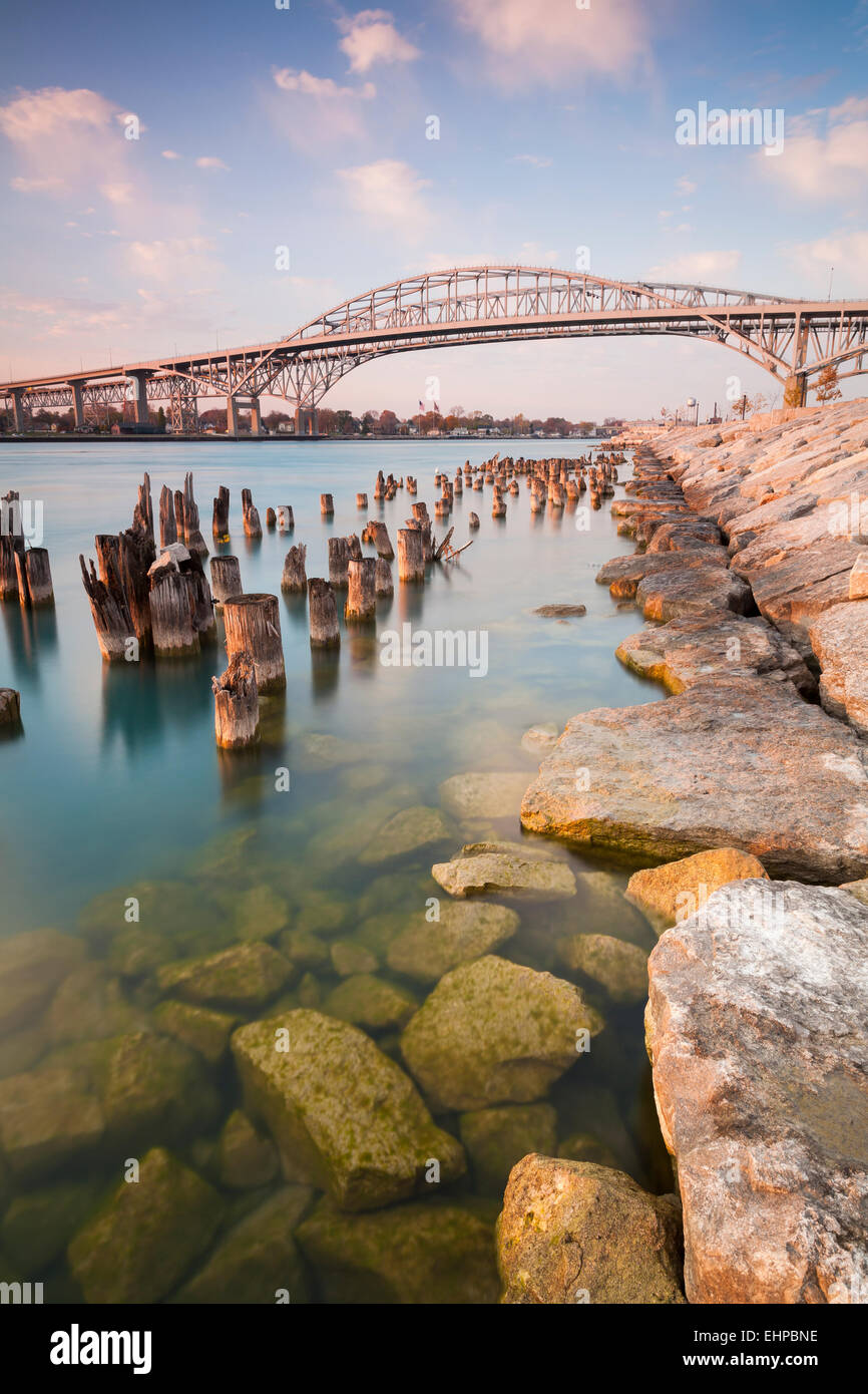 The Blue Water Bridge at Waterfront Park in Point Edward, Ontario Canada. Stock Photo