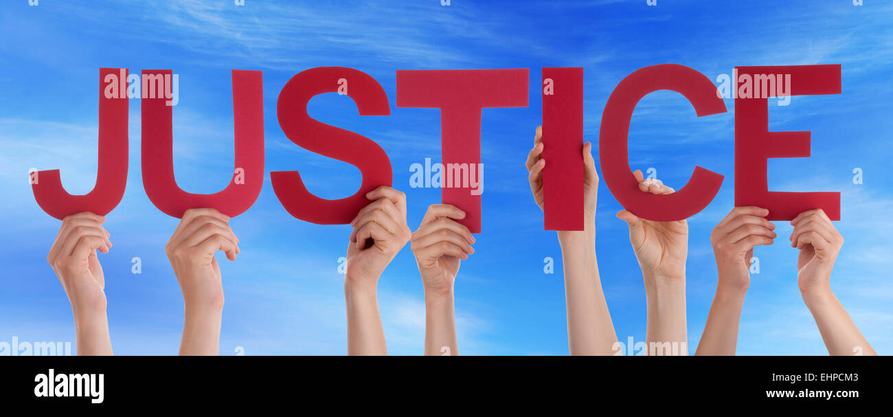 Many Caucasian People And Hands Holding Red Straight Letters Or Characters Building The English Word Justice On Blue Sky Stock Photo