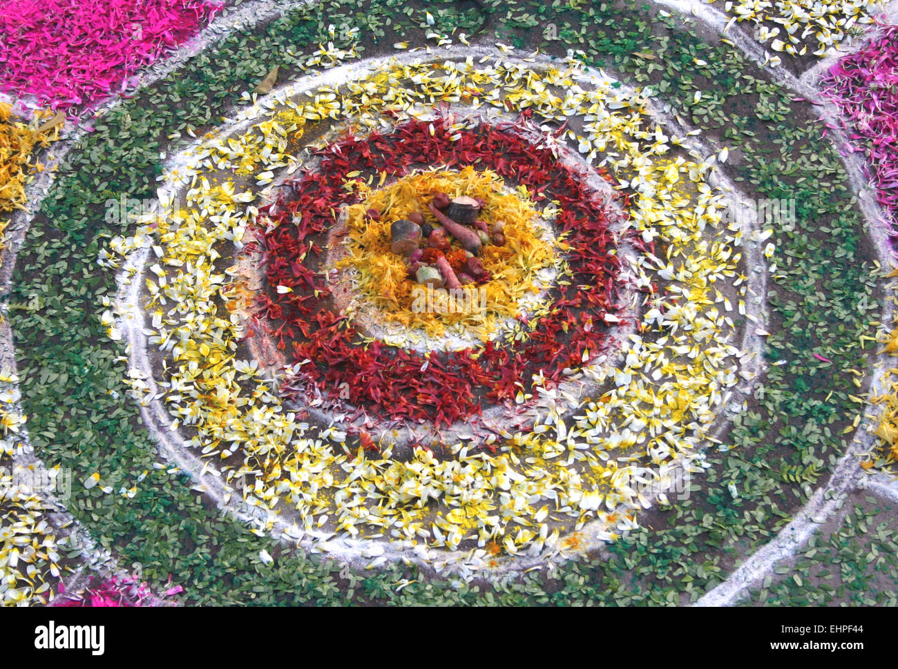 Colorful rangoli with flowers and cow dung .a folk art in india during festivals and ceremonies. Stock Photo