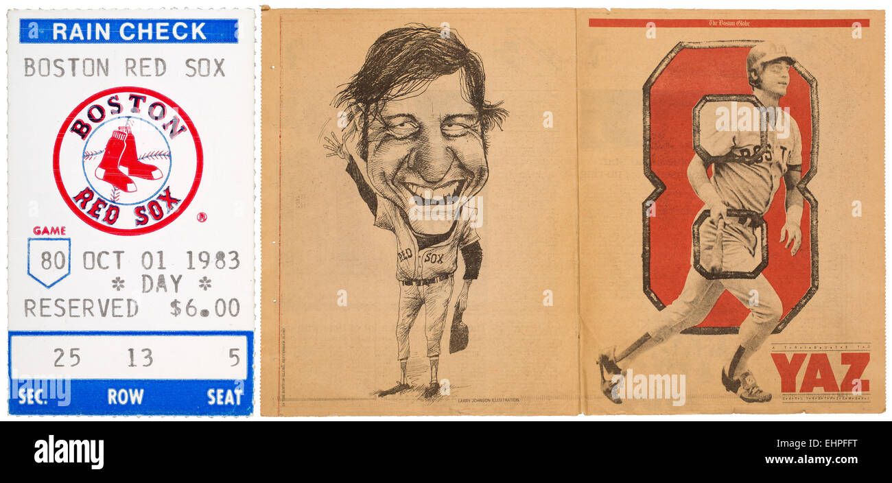 Boston Red Sox ticket stub for game 80, October 1, 1983 and the Boston Globe 1983 special edition about Carl Yastrzemski Stock Photo