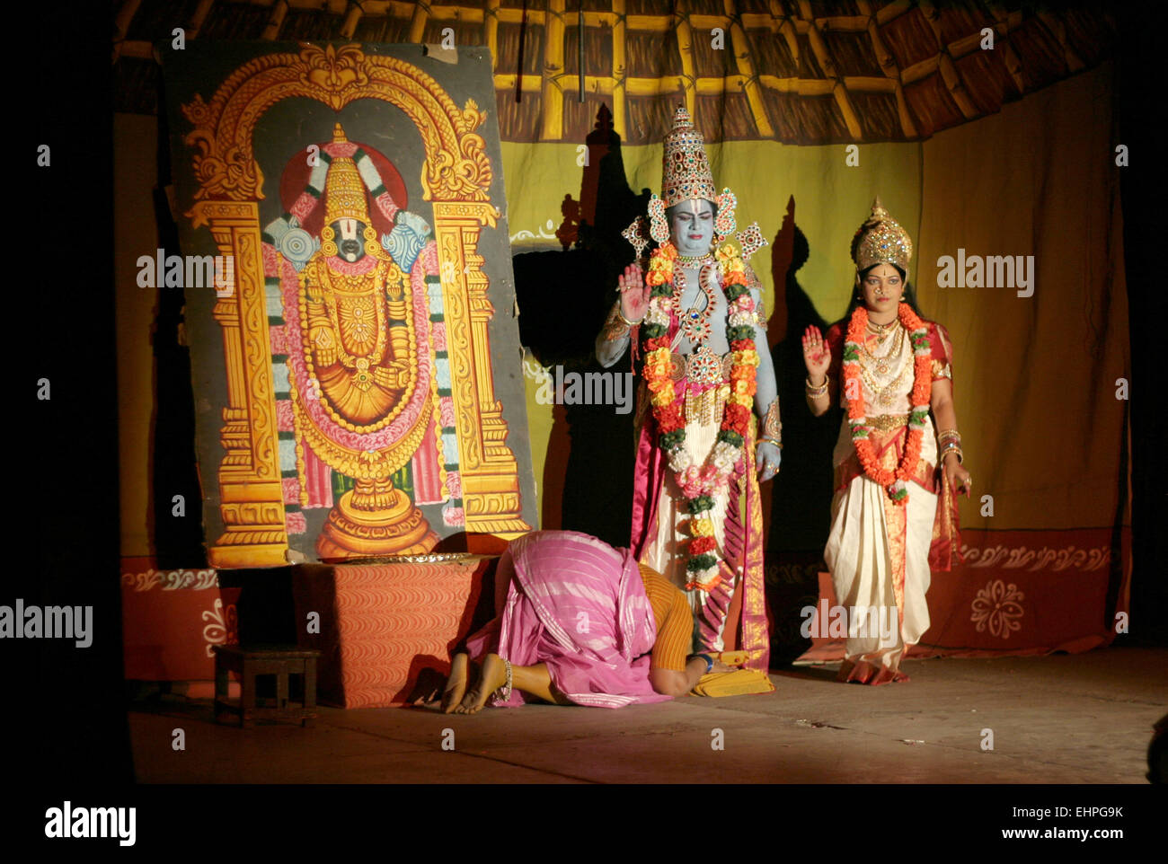 Jamuna Rayalu of Surabhi  Kalamandali perform Tarikonda Venkamamba telugu historical play on July 26,2012 in Hyderabad,India. Stock Photo