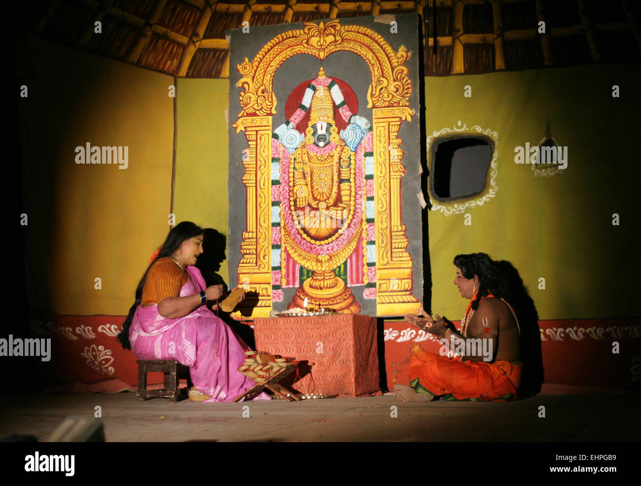 Jamuna Rayalu of Surabhi  Kalamandali perform Tarikonda Venkamamba telugu historical play on July 26,2012 in Hyderabad,India. Stock Photo